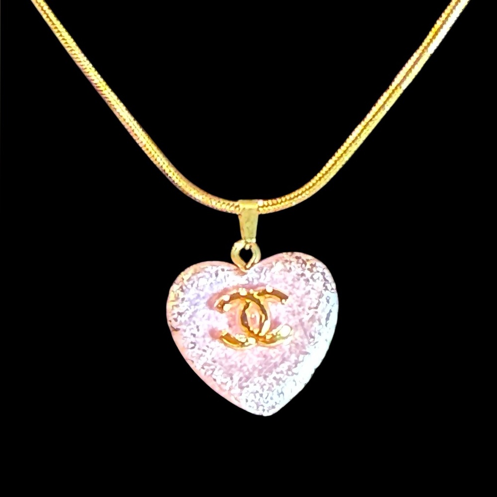 Upcycled Gold Tone Necklace with Pink Heart Pendant